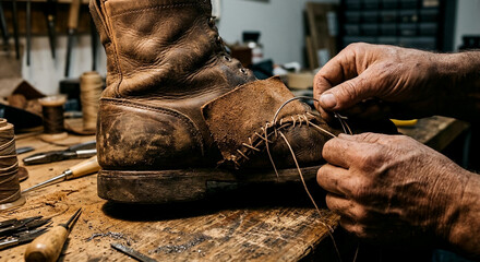 Obraz premium Professional cobbler repairing a worn leather boot with a thick needle and thread in a workshop, shoemaking craft