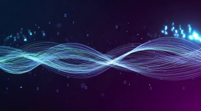 Abstract blue and purple fractal background featuring glowing light waves and dark motion lines in a vibrant vector art design with energy curves for a modern space wallpaper backdrop