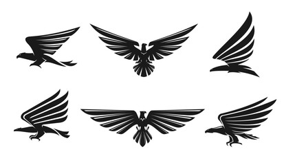 Fototapeta premium Black eagle, falcon and hawk icons, heraldic bird symbols with spread wings. Vector silhouettes of flying black eagle birds for military heraldry, sport team coat of arms and tattoo elements