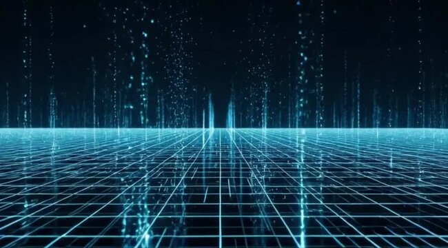 Abstract blue digital backdrop featuring fractal patterns of binary code and glowing fiber optic lines that create a motion wave of data communication in a dark science perspective