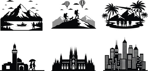 Obraz premium Black and white travel vector illustration set featuring mountain landscapes hiking silhouettes city skylines famous landmarks and nature outdoor adventure icons.