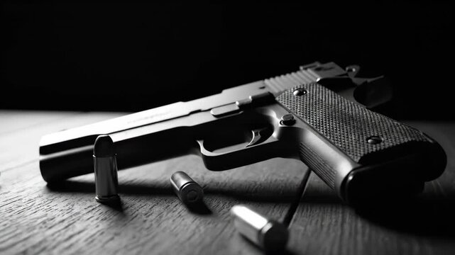 Close-up of a handgun and bullets on a wooden surface.