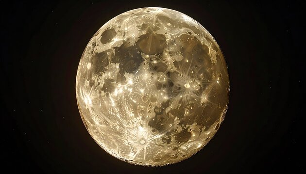 Realistic render of the full Moon, highly detailed, against a black backdrop