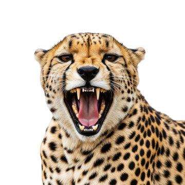 A cheetah with its mouth open displaying sharp teeth and alert expression