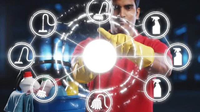 Man in red shirt and yellow gloves interacts with cleaning icons on digital interface in dark room