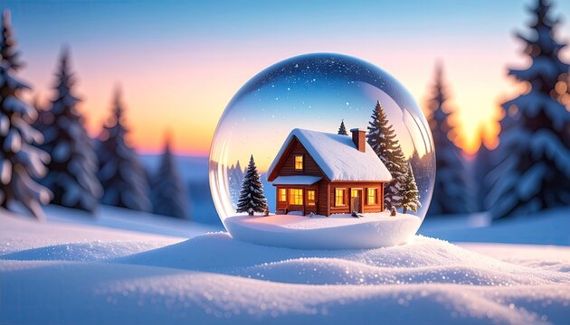 A winter wonderland, cabin encased in a snow globe, snowy landscape