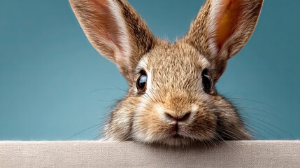 Very cute Easter bunny peeking over white banner, soft lighting, studio background, spring holiday scene with copy space