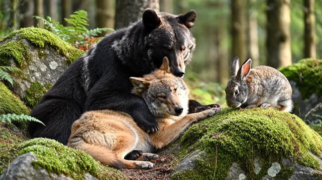 Unlikely Animal Friends: Bear, Wolf, and Rabbit Cuddling in the Forest Harmony Between Species