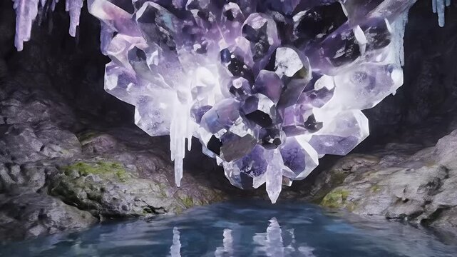 Vivid Neon Crystal Cavern Underwater Landscape Illuminated by Multicolored Glow