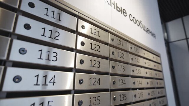 Built-in metallic mailboxes repeat along wall creating rhythmic composition in entrance interior. Visual order enhances sense of reliability