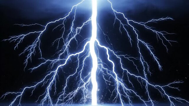 Spectacular animation of realistic lightning strikes on a black background creating a powerful