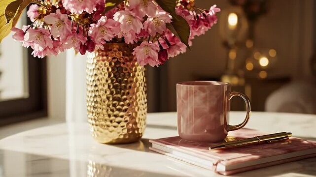 Warm cozy desk still life with pink blossoms in a gold textured vase, a pink mug, and a notebook by a sunlit window