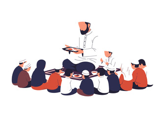 Diverse people hugging in front of mosque at night