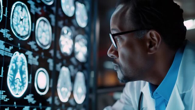 A serious neurologist deeply focused on studying brain scans, in a dimly lit room