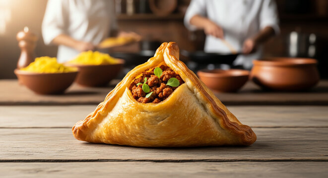 Savory samosa on wooden table with chefs preparing food