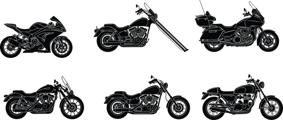 Set of black motorcycle silhouettes featuring sportbike chopper touring cruiser cafe racer and classic motorbikes isolated on a white background © MdAbdul