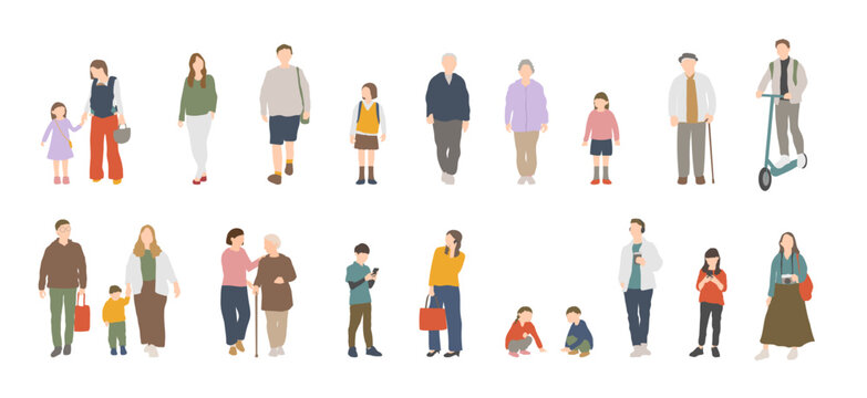 22人のさまざまな人物の正面イラストセット（子どもからシニアまで）