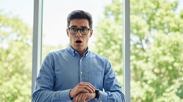Young Caucasian Man with Glasses Managing Time and Executive Function in Modern Office