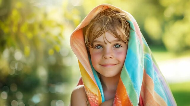 Child with colorful scarf, smiling in sunny, natural setting