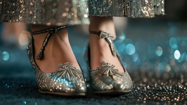 Close-up of sparkling silver shoes with tassels on glittery blue background