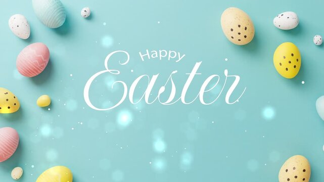 happy easter greeting with turquoise color background, animated text happy easter, soft particle and ornament.  Perfect for easter cards, social media posts, spring themed designs.