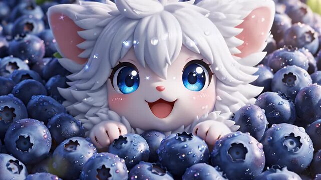 Whimsical Chibi Cat-Eared Character Peeking From a Field of Blueberries