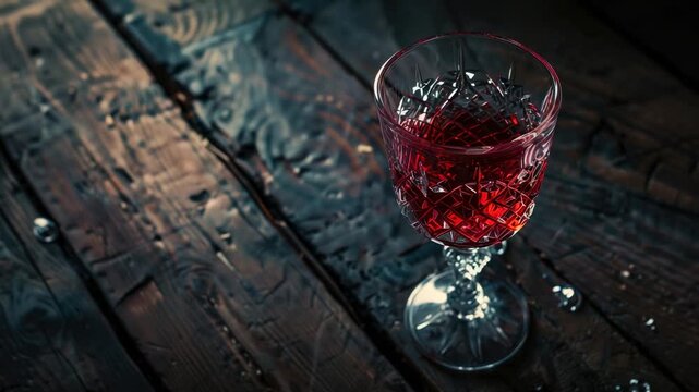 Crystal glass with red liquid on wooden surface, water droplets scattered around