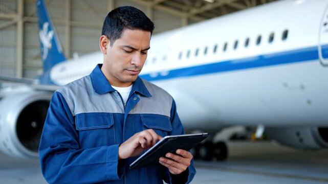 Professional Aircraft Mechanic Using Digital Tablet for Maintenance Inspection in Large Aviation Hangar Facility