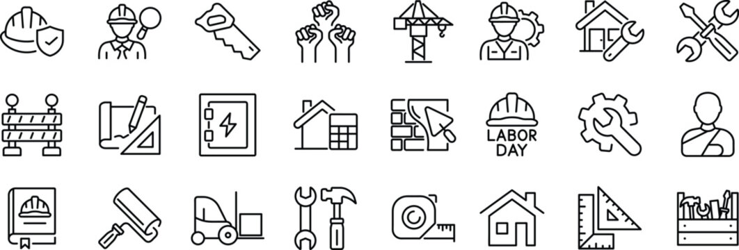 Labor Web Icon Set in Line Style. Collection of Construction Linear Icons, Including labour day, renovation, repair, work tools, materials, workers, building, business and more.