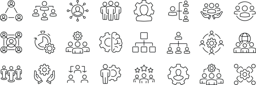 Organization management set of web icons in line style. Human resource linear icon collection. Containing business people, teamwork, structure, hierarchy, leadership and more.