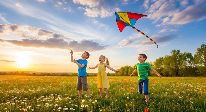 Joyful childhood bliss three happy kids eagerly flying a colorful kite across a sun-kissed meadow, capturing the essence of freedom and outdoor adventure