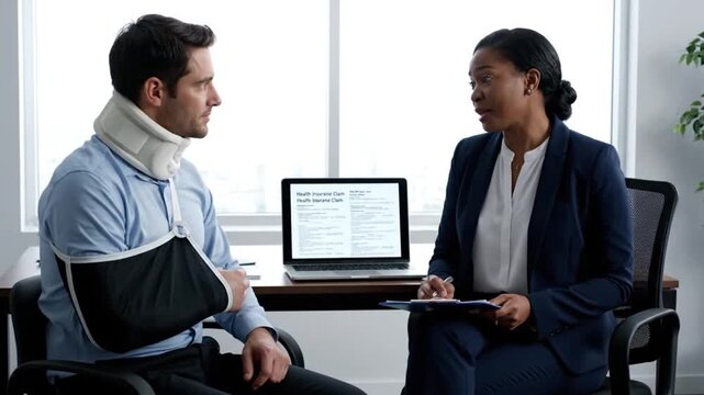 Injured Patient Discussing Medical Insurance Claim with Professional Agent After Accident in Bright Office Setting