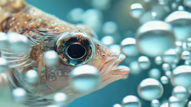Close-up of fish underwater with sharp focus on its eye and scales, bokeh effect in background
