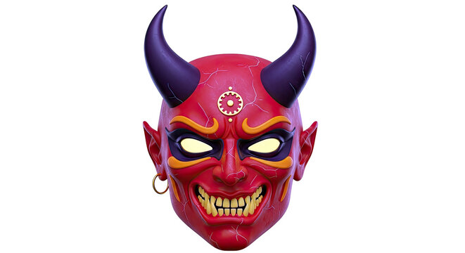 Red Demon Mask with Horns and Gold Earrings