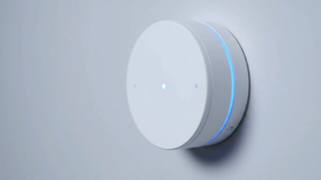 Close up of a sleek white smart home hub device with a glowing blue light ring mounted on a clean white wall
