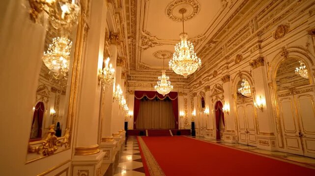 Luxurious grand hall with red carpet and gold chandeliers