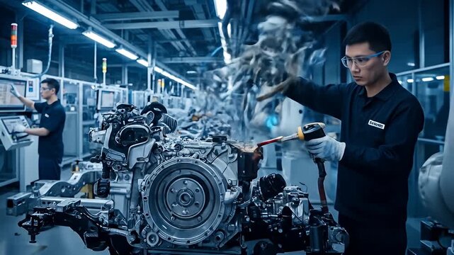 Industrial assembly line showcasing engineers working on a complex engine with robotic assistance