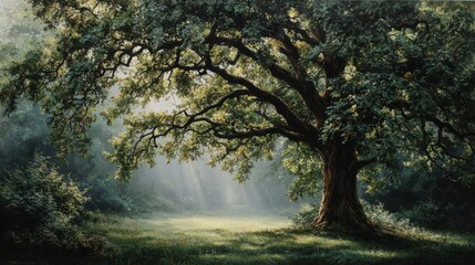 Obraz premium Majestic Oak Tree Surrounded by Serene Nature and Sunlight Beams
