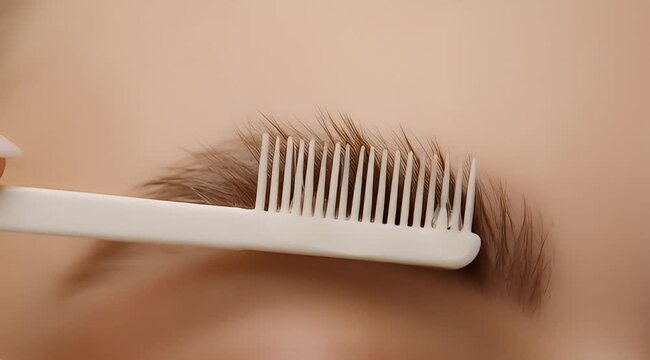 Close up of a comb brushing an eyebrow against a peach background