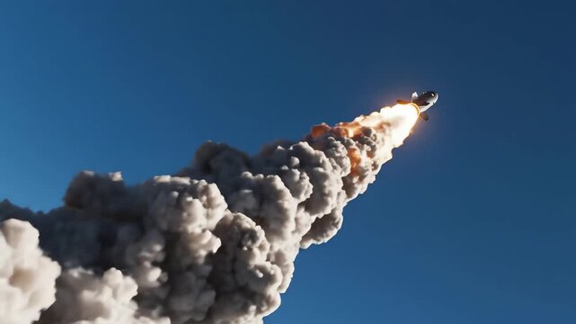 Powerful missile attack launch with fiery exhaust trail ascending into clear blue sky, symbolizing military power, strategic strike, and technological advancement in a dramatic aerial display.