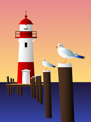 Fototapeta premium Vector illustration of seagulls perched on wooden pier posts with a red and white lighthouse and a sunset gradient sky in the background.