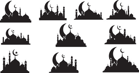 Obraz premium Silhouette of mosque with crescent moon and minarets collection