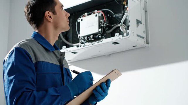 Professional HVAC technician in blue uniform writing on a clipboard while inspecting an indoor air conditioning unit
