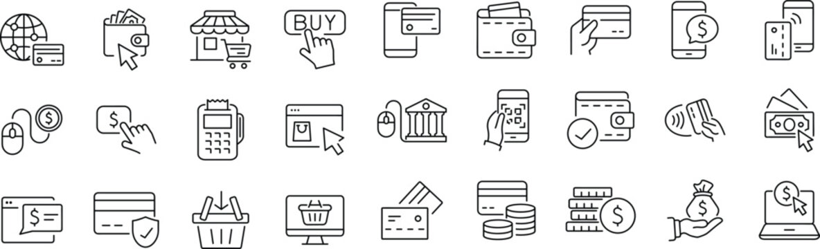 Online payment set of web icons in line style. Payment linear icon collection. Containing cashless wallet, e-wallet, money transfer, banking, credit card, cash, transaction more.