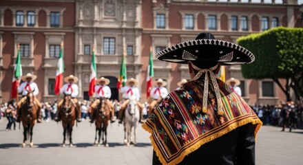 Obraz premium Man wearing sombrero and traditional mexican clothing, parade, horses, flags, historic building