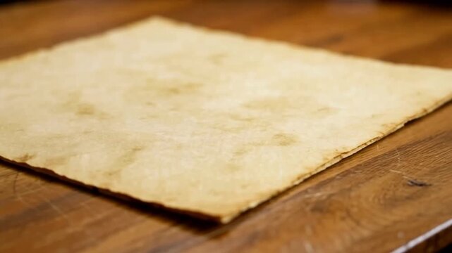 Flatbread on wooden table surface.