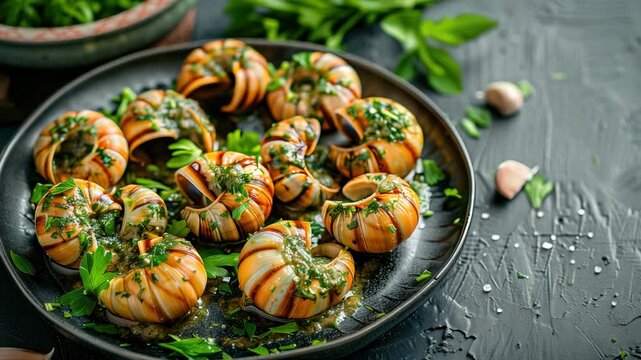 Cooked snails garnished with herbs on dark plate