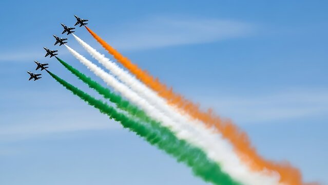 Indian air force jets performing aerobatic stunt with tricolor smoke