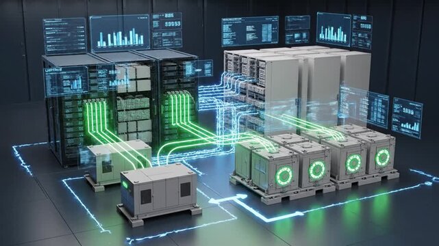 Data center with servers and cooling system, energy transfer between servers, modern technologies,