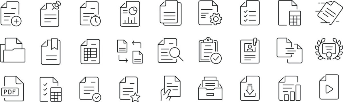 Document set of web icons in line style. Documents linear icon collection. Containing contract papers, folder, certificate, accept, approved, clipboard, invoice, archive and more.
